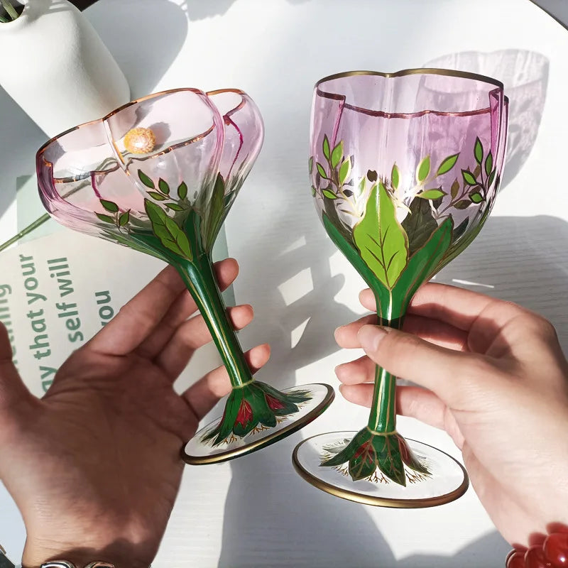 Taça De Champanhe Medieval Austríaca, Copo De Cristal, Copo De Vinho Tinto, Tigela De Sorvete Pintados À Mão Rosa, Cálice De Flor Vintage