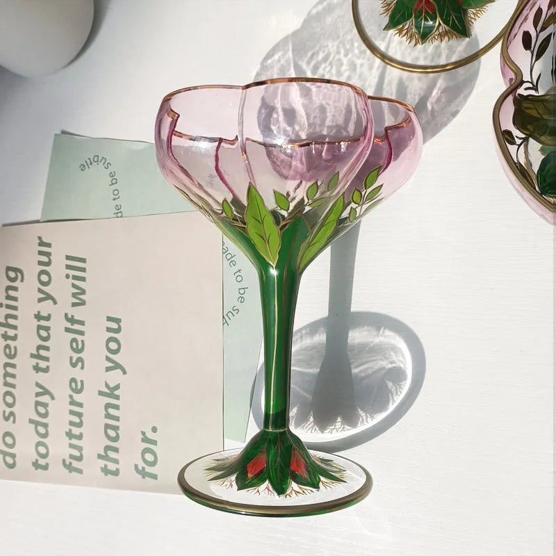 Taça De Champanhe Medieval Austríaca, Copo De Cristal, Copo De Vinho Tinto, Tigela De Sorvete Pintados À Mão Rosa, Cálice De Flor Vintage