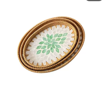 Luxe Oval Rattan & Mother of Pearl Serving Tray