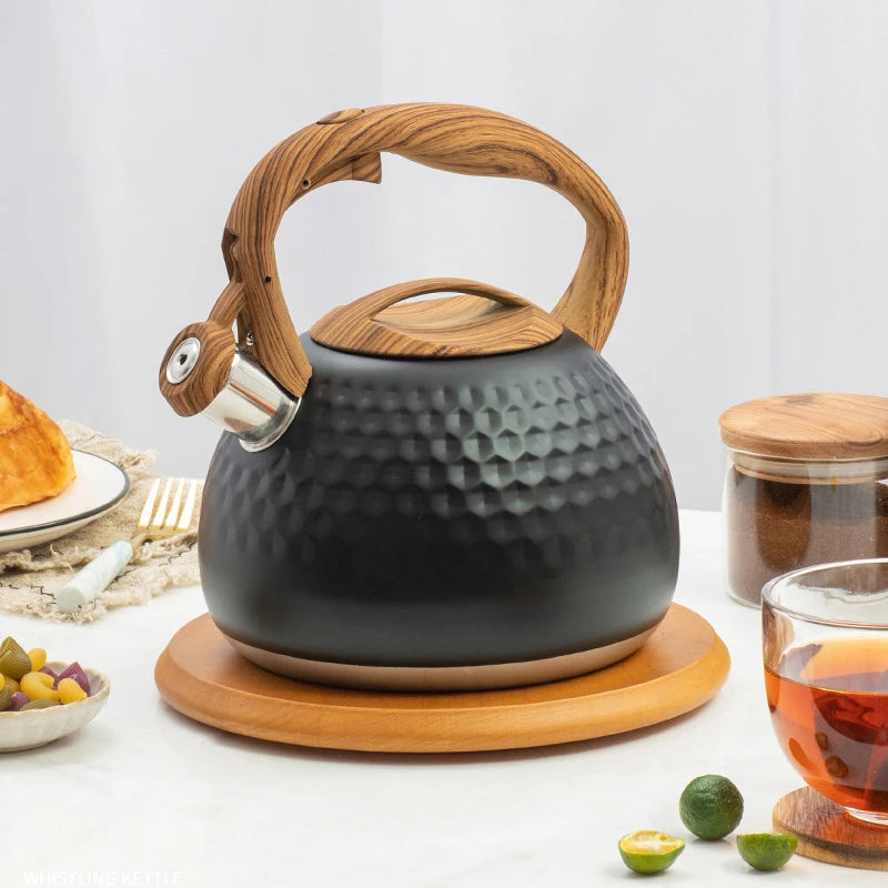 3l apito de aço inoxidável chaleira fervente utensílios de cozinha padrão de martelo chaleira de som alça resistente ao calor fogões de indução de gás