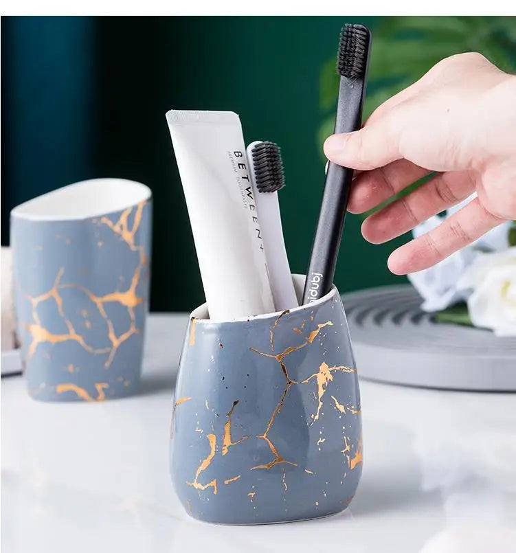 Conjunto de acessórios para banheiro, mármore, padrão dourado, cerâmica, dispensador de pasta de dente, sabonete, suporte de escova de dentes, copo, garrafa de loção