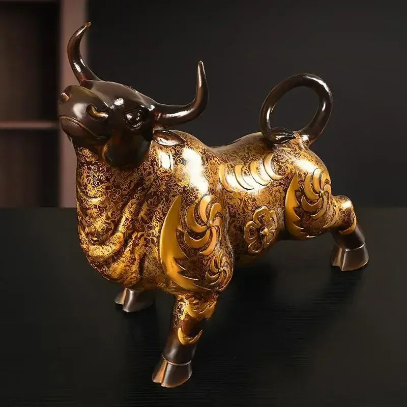 Ornamento animal de vaca de cobre Feng Shui, decoração de mesa de escritório em casa pintada