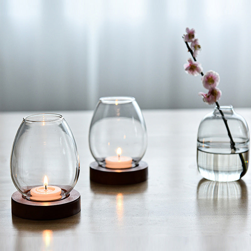 Nordic Glass Tealight Candle Holder with Wooden Base