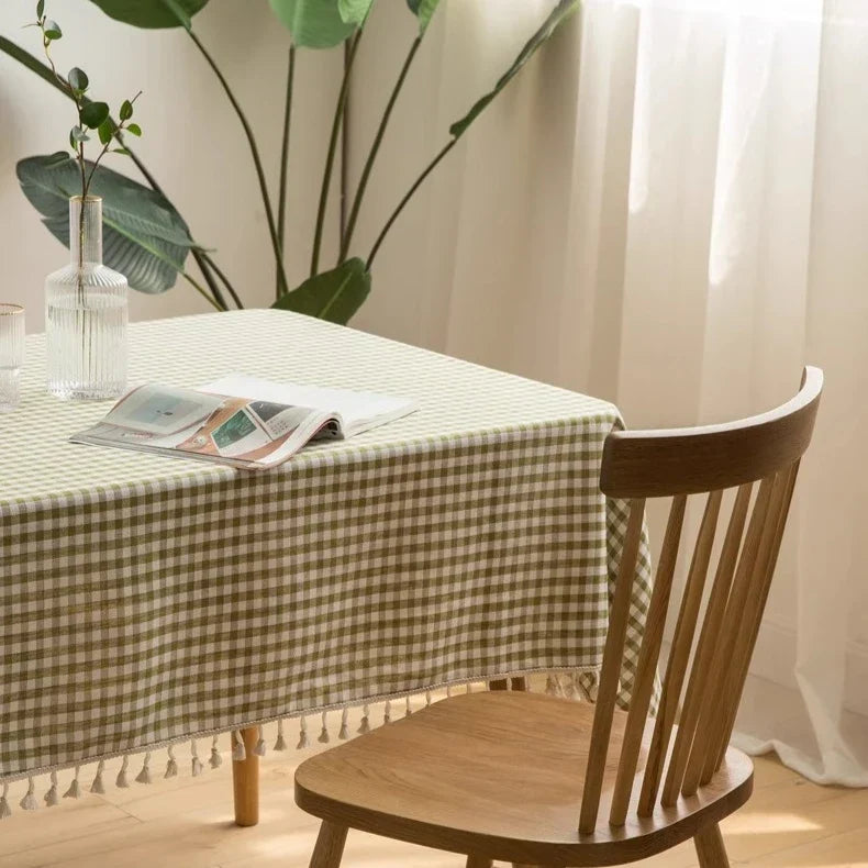 Mint Checkered Tablecloth with Tassels