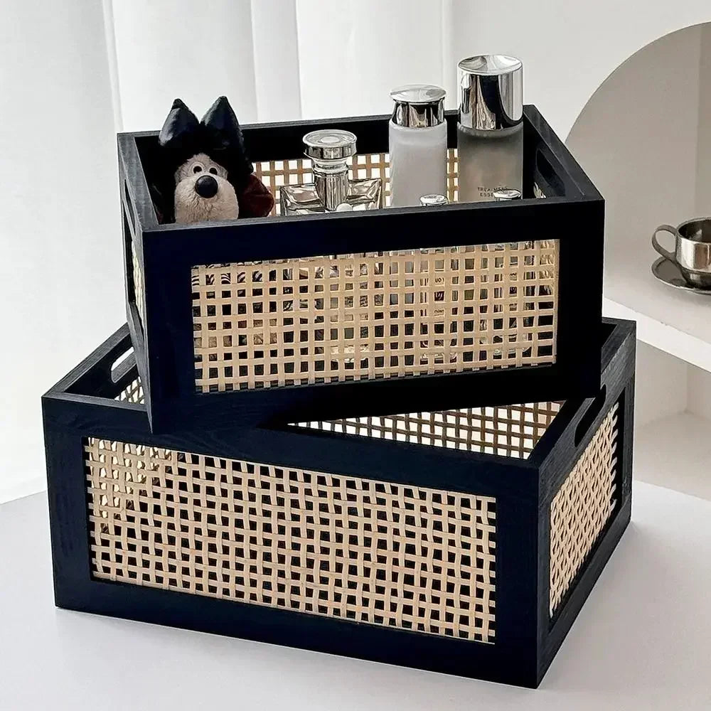 Caixa de armazenamento retrô durável, cesta de armazenamento de madeira sólida de rattan, organizador multifuncional, caixas domésticas