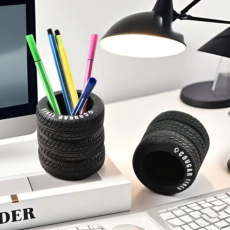1 pçs divertido suporte de caneta em forma de pneu-organizador de mesa de pvc, ideal para material escolar e de escritório, acabamento pintado, material de escritório