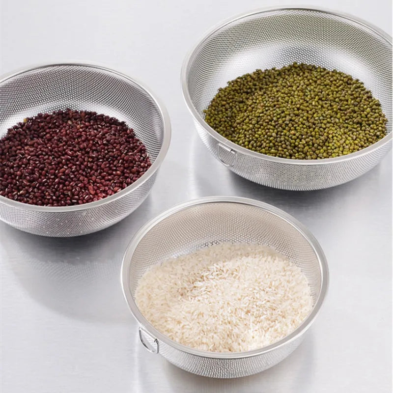 Cesta De Drenagem Espessada De Aço Inoxidável Com Buracos De Drenagem, Peneira De Arroz De Lavagem De Vegetais, Ferramentas De Armazenamento De Cozinha, Único Anel, 1Pc