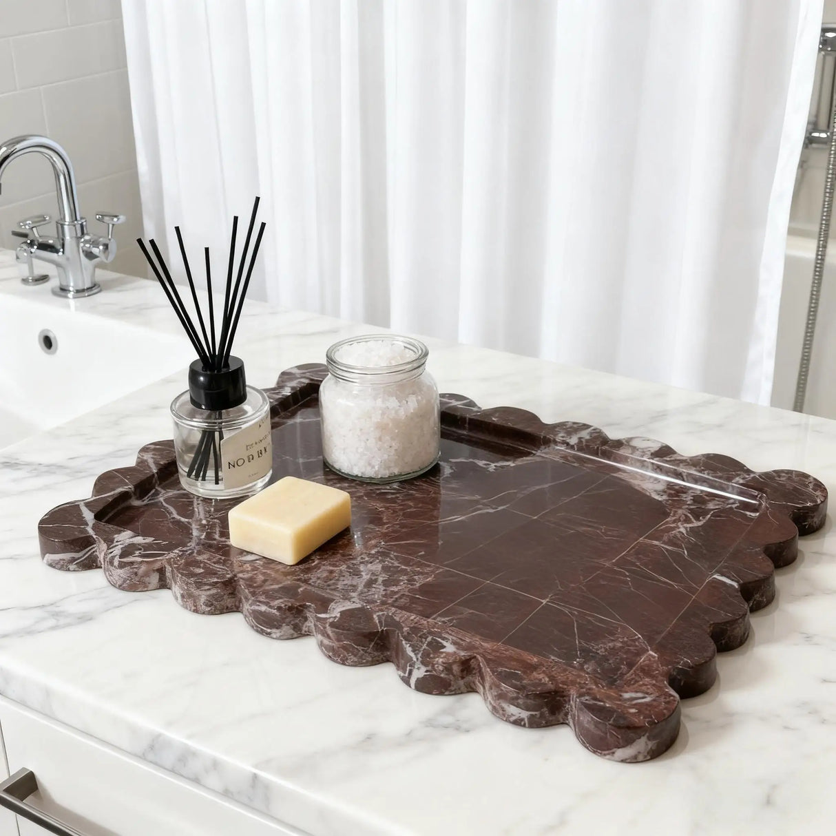 Bandeja de mármore roxo com borda recortada, prato organizador de joias de pedra natural, armazenamento de vaidade e bandeja de berloques de bancada de banheiro