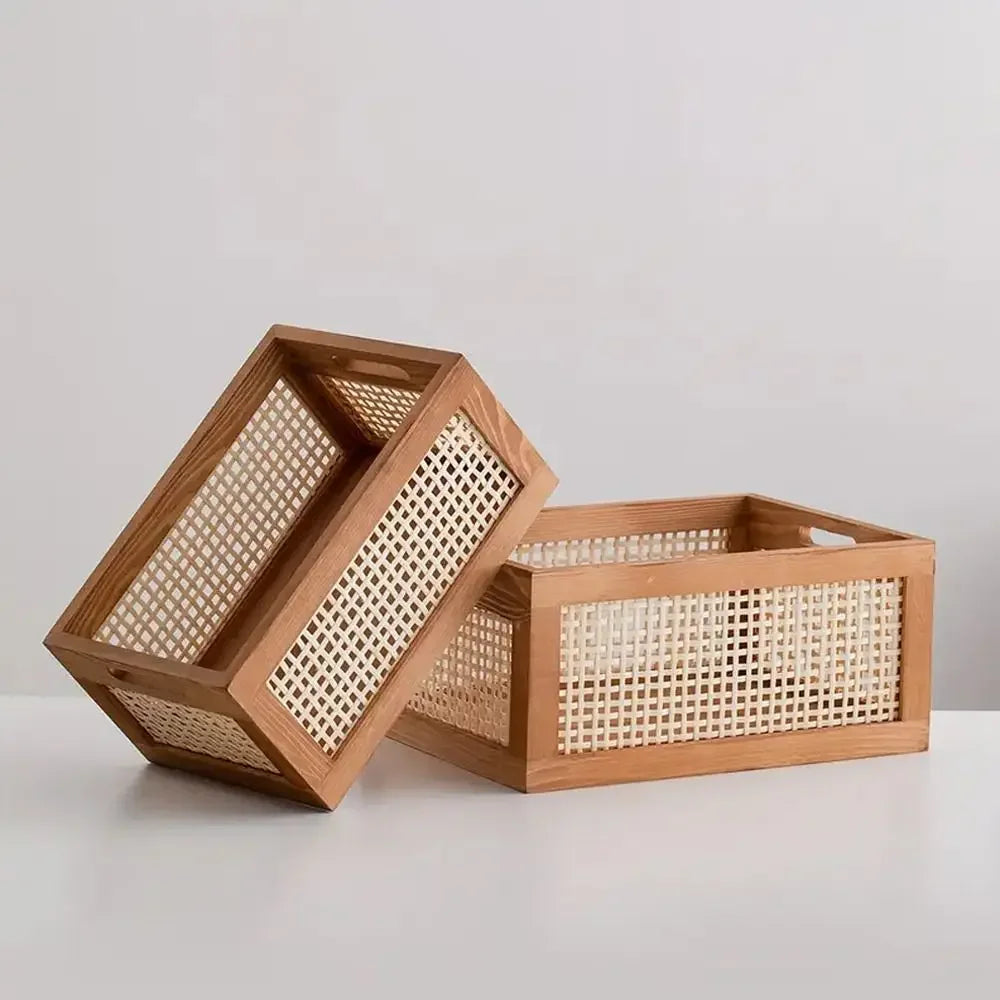 Caixa de armazenamento retrô durável, cesta de armazenamento de madeira sólida de rattan, organizador multifuncional, caixas domésticas
