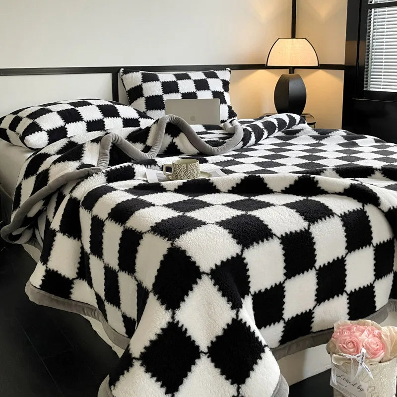 Shu mianrong xadrez grade cobertor lençóis de cama de grandes dimensões quente pele macia amigável colcha fina múltiplas especificações disponíveis