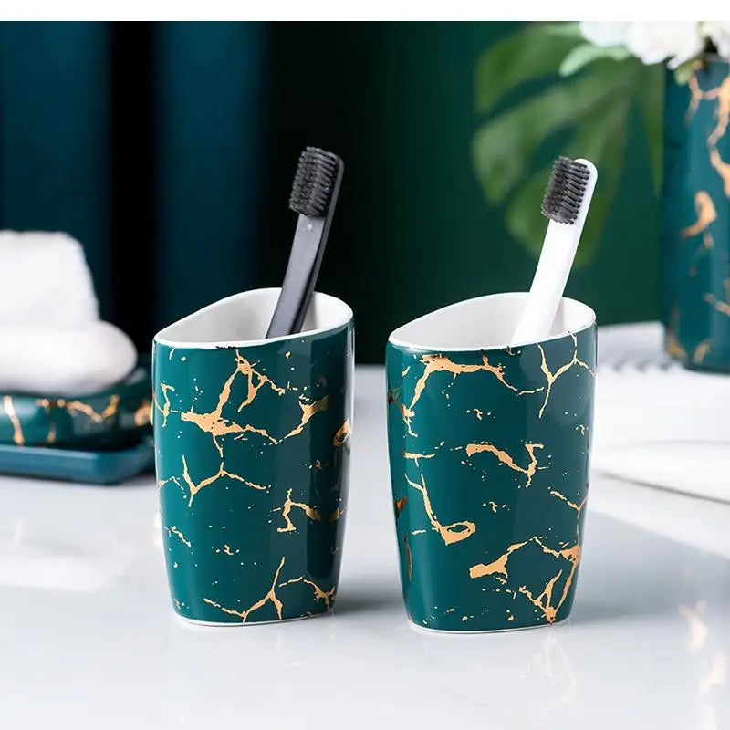 Conjunto de acessórios para banheiro, mármore, padrão dourado, cerâmica, dispensador de pasta de dente, sabonete, suporte de escova de dentes, copo, garrafa de loção