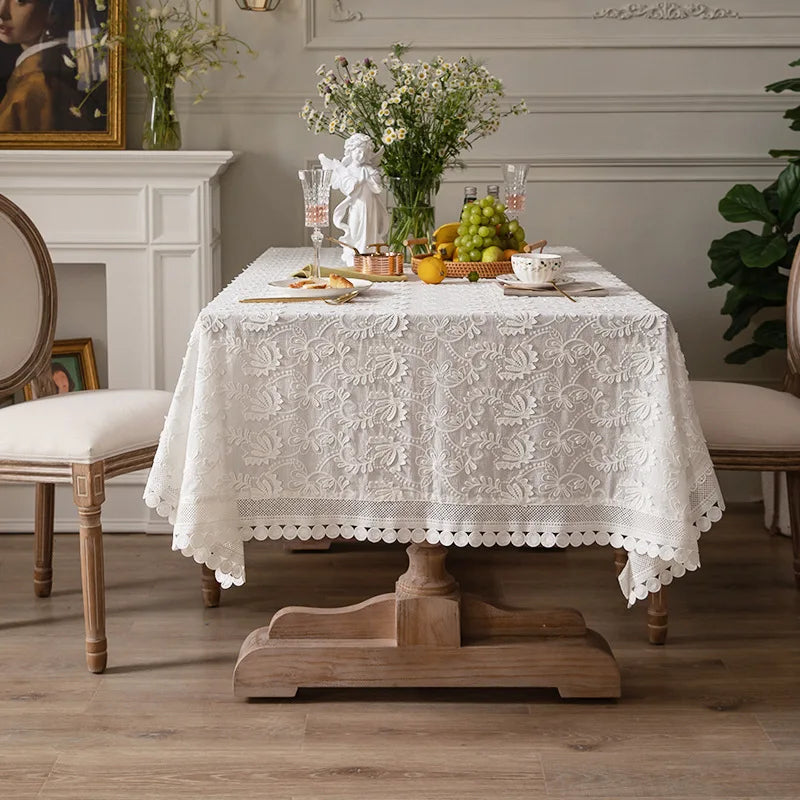 Toalha de mesa luxuosa de renda para sala de estar, quarto, mesa de festa, americana, branca, bordada, decoração de mesa