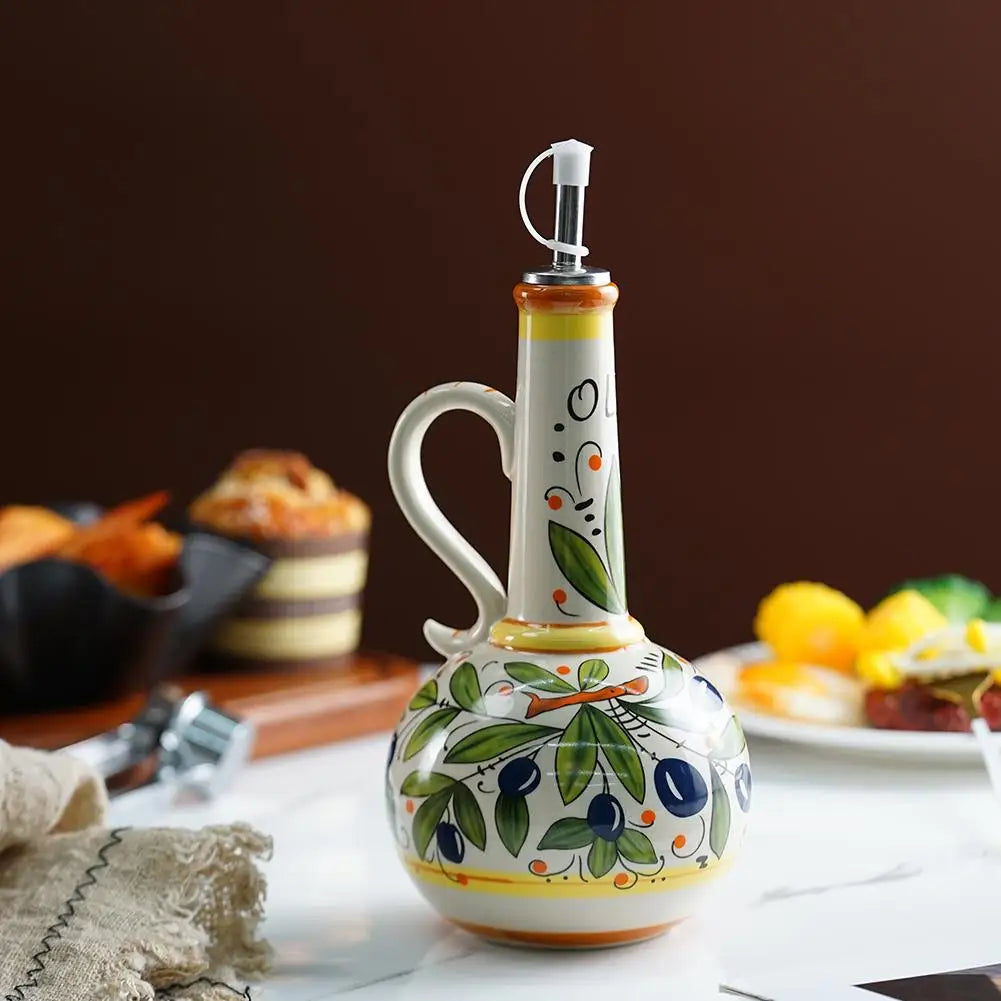 Garrafa de óleo de cerâmica pintada à mão, armazenamento de cozinha, dispensador de óleo de vinagre nórdico, utensílio de cozinha para uso doméstico, jarra de tempero de cozinha