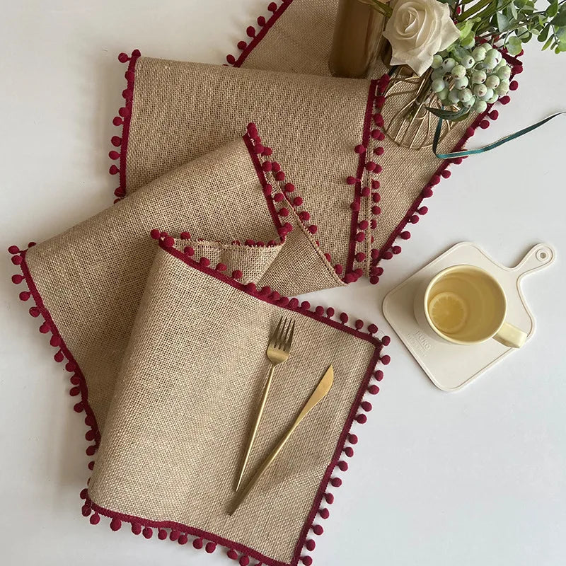 Corredor de mesa de juta para festival de casamento, bolas coloridas, borla, festa de natal, capa de mesa, jantar vintage, decoração de linho
