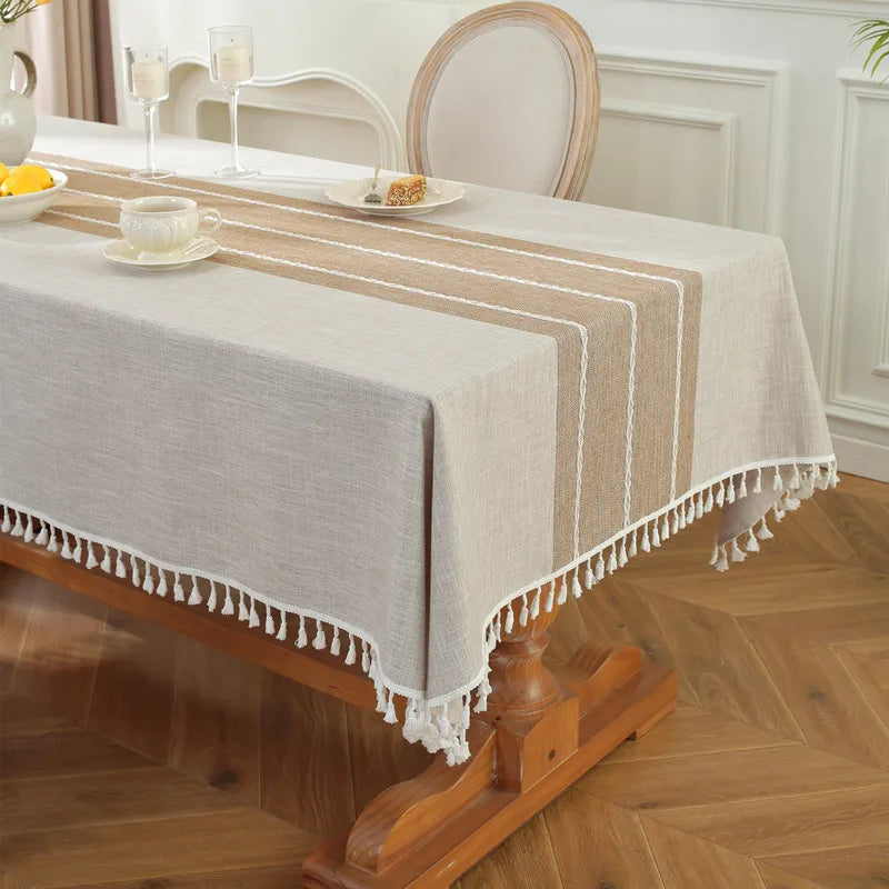 Elegant Linen Blend Tablecloth with Tassels