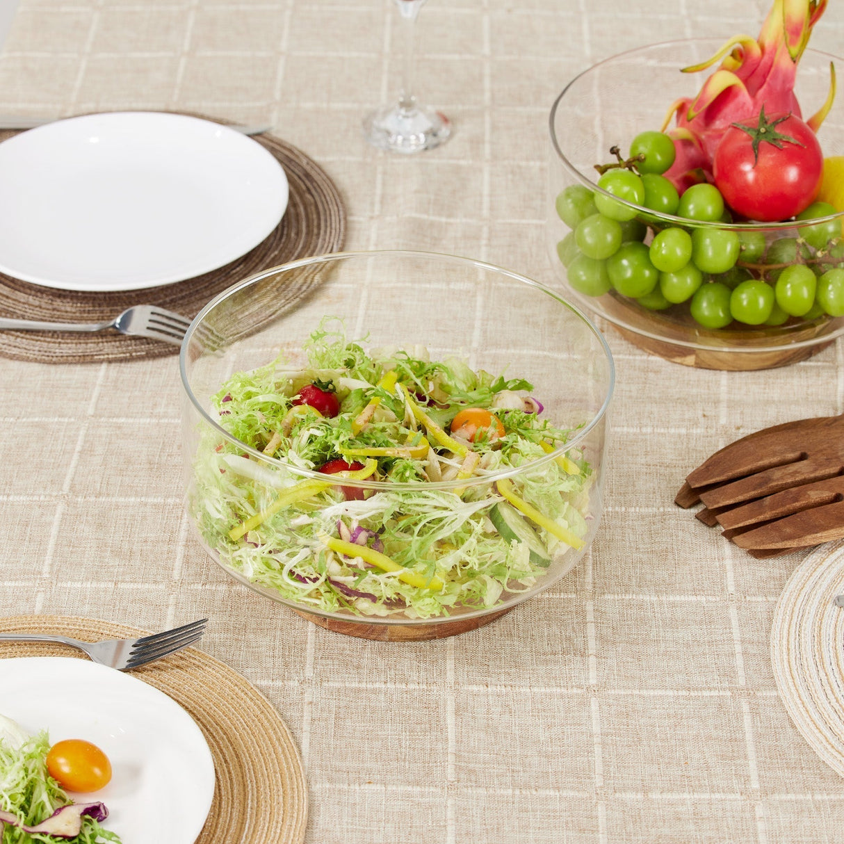Nordic Glass Fruit & Salad Bowl with Wooden Base