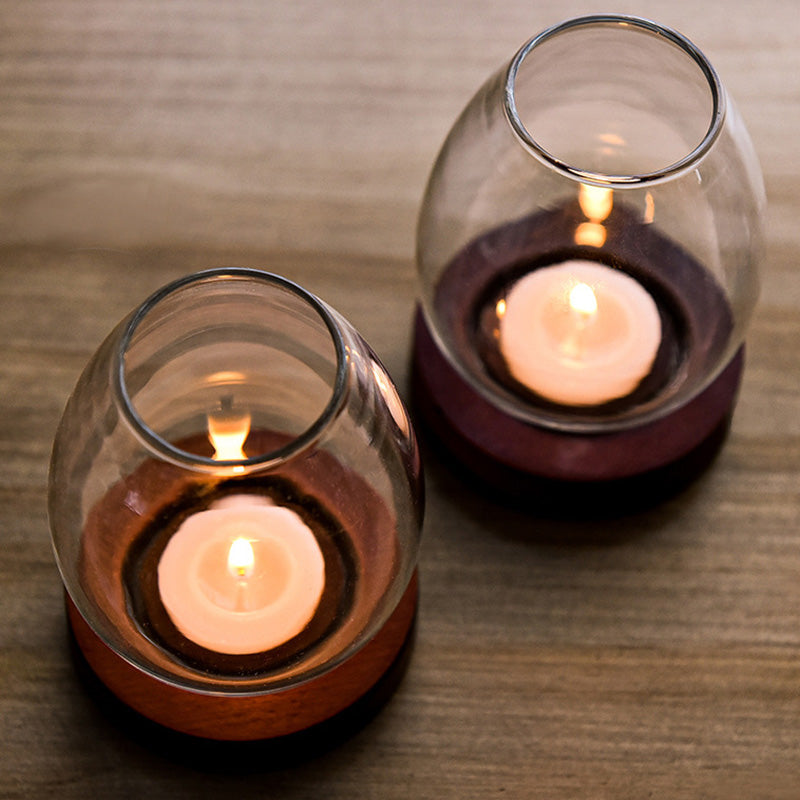 Nordic Glass Tealight Candle Holder with Wooden Base