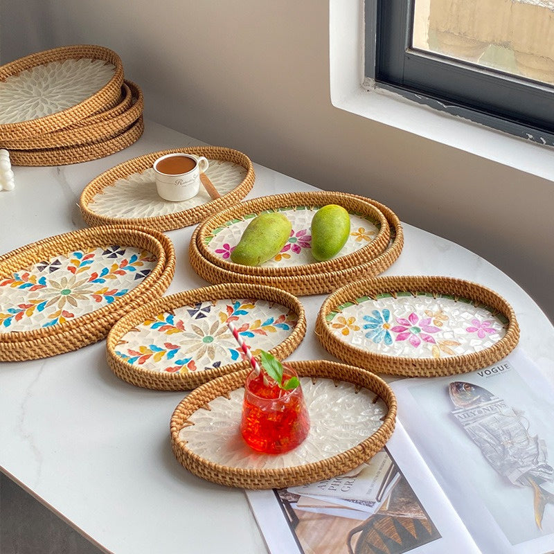 Luxe Oval Rattan & Mother of Pearl Serving Tray