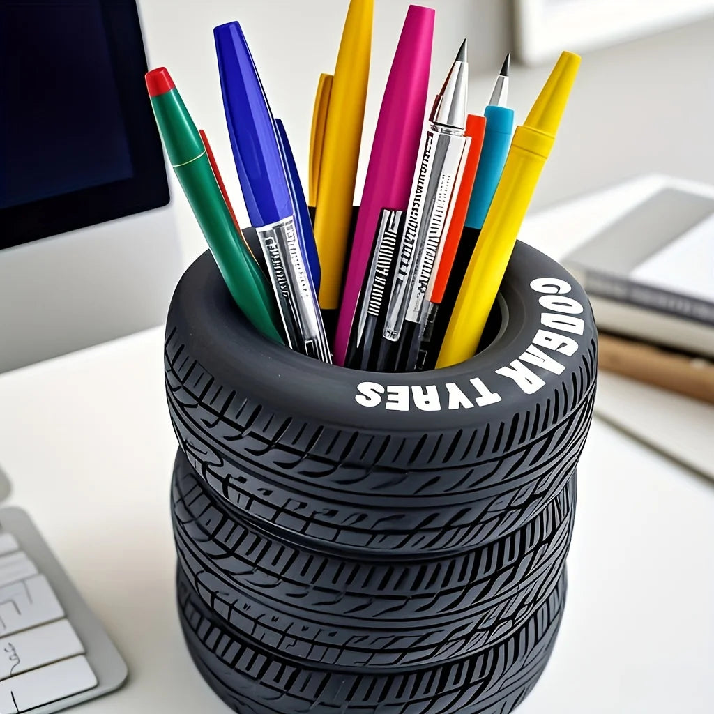1 pçs divertido suporte de caneta em forma de pneu-organizador de mesa de pvc, ideal para material escolar e de escritório, acabamento pintado, material de escritório