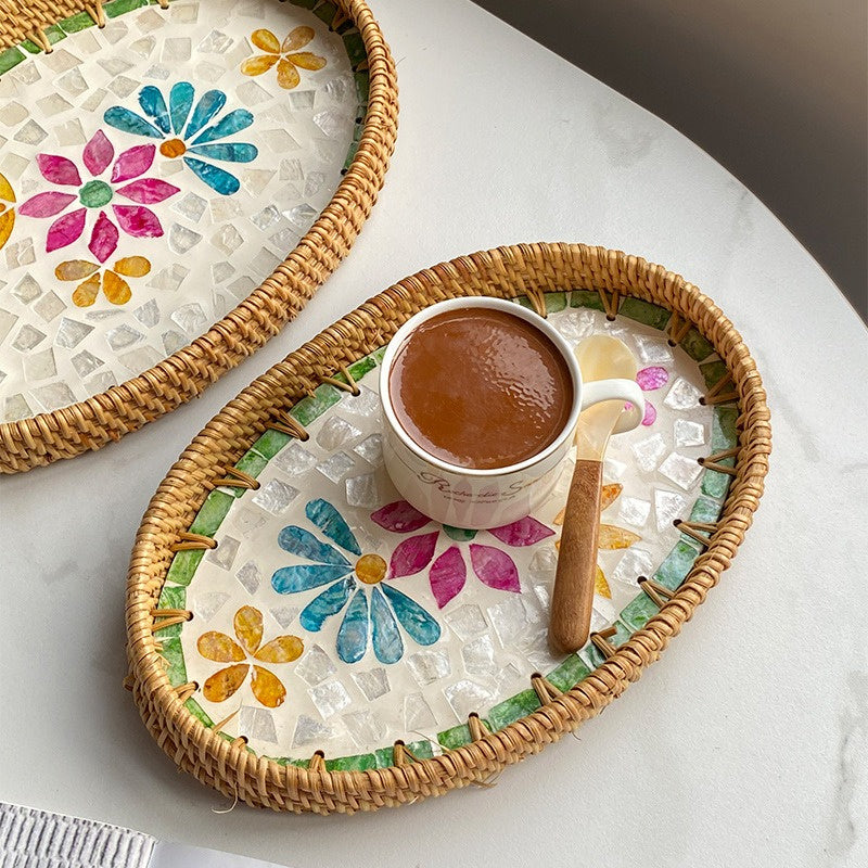 Luxe Oval Rattan & Mother of Pearl Serving Tray