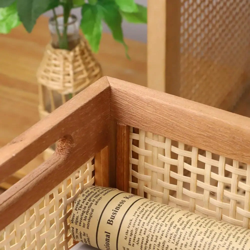Caixa de armazenamento retrô durável, cesta de armazenamento de madeira sólida de rattan, organizador multifuncional, caixas domésticas