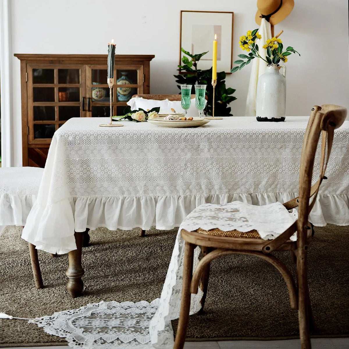 Elegant French Cotton Tablecloth with Lace