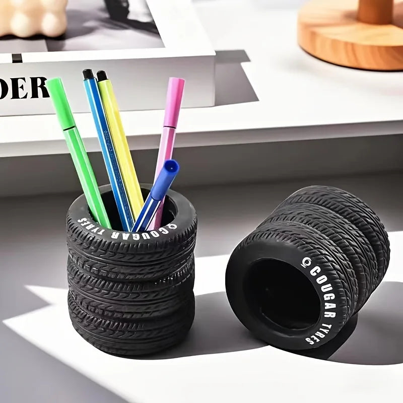 1 pçs divertido suporte de caneta em forma de pneu-organizador de mesa de pvc, ideal para material escolar e de escritório, acabamento pintado, material de escritório