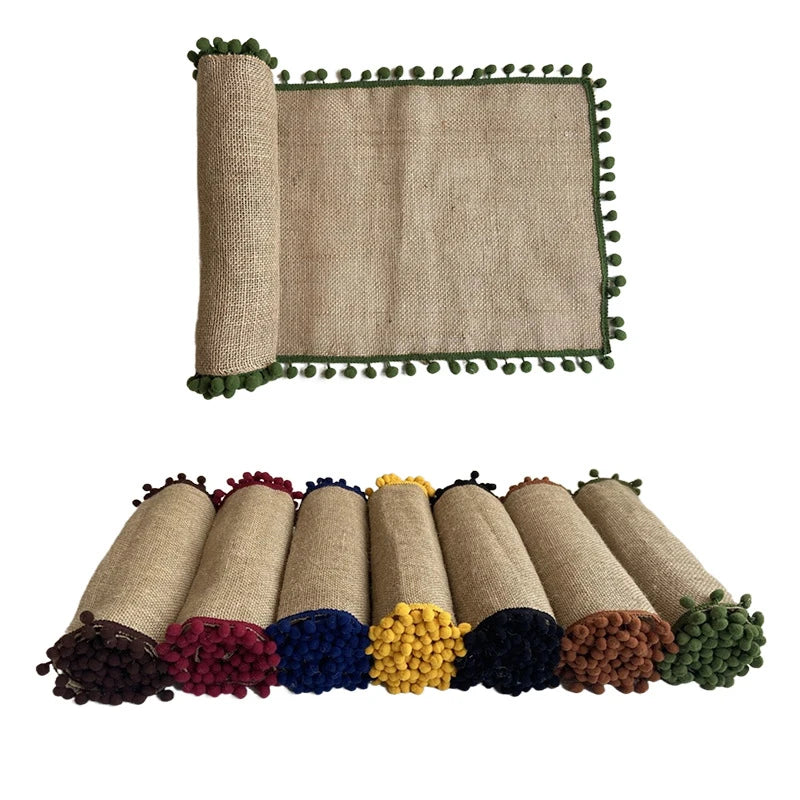 Corredor de mesa de juta para festival de casamento, bolas coloridas, borla, festa de natal, capa de mesa, jantar vintage, decoração de linho