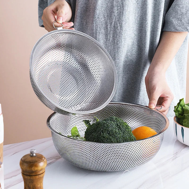 Cesta De Drenagem Espessada De Aço Inoxidável Com Buracos De Drenagem, Peneira De Arroz De Lavagem De Vegetais, Ferramentas De Armazenamento De Cozinha, Único Anel, 1Pc