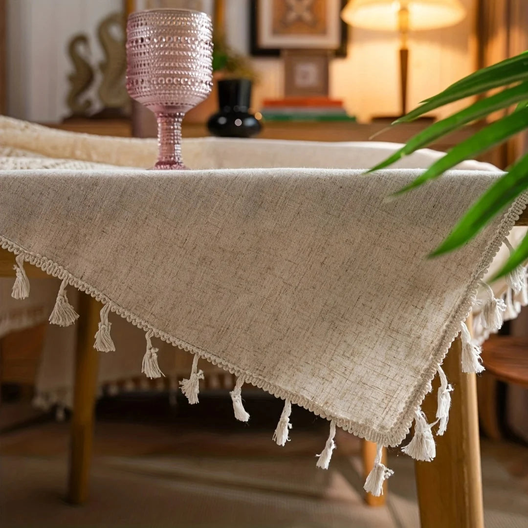 Toalha de mesa boêmia artesanal de crochê poliéster linho patchwork retrô oco bege borla