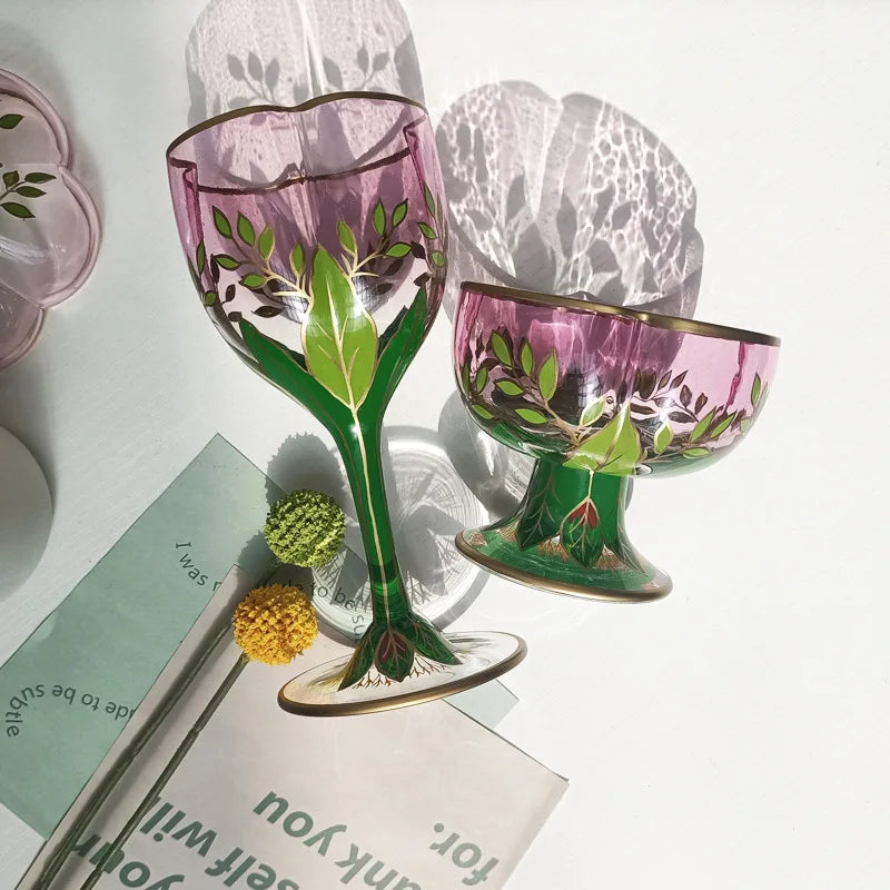 Taça De Champanhe Medieval Austríaca, Copo De Cristal, Copo De Vinho Tinto, Tigela De Sorvete Pintados À Mão Rosa, Cálice De Flor Vintage
