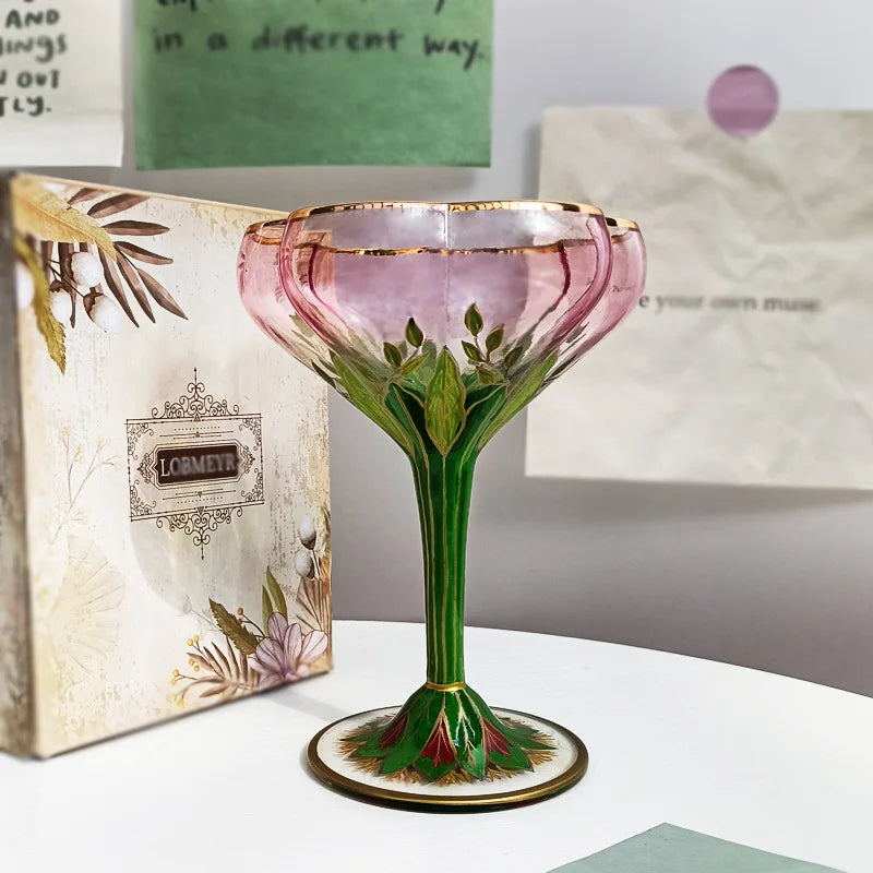 Taça De Champanhe Medieval Austríaca, Copo De Cristal, Copo De Vinho Tinto, Tigela De Sorvete Pintados À Mão Rosa, Cálice De Flor Vintage