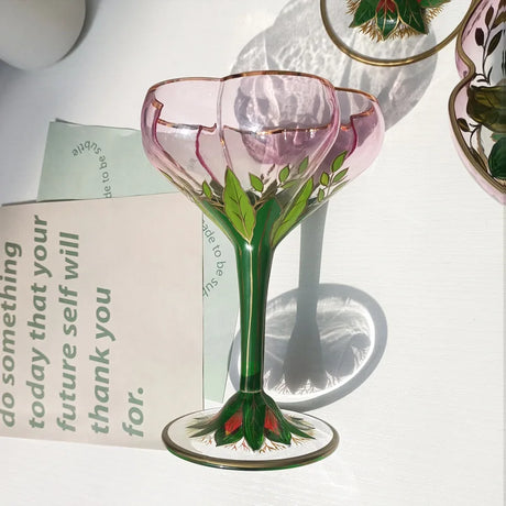 Taça De Champanhe Medieval Austríaca, Copo De Cristal, Copo De Vinho Tinto, Tigela De Sorvete Pintados À Mão Rosa, Cálice De Flor Vintage