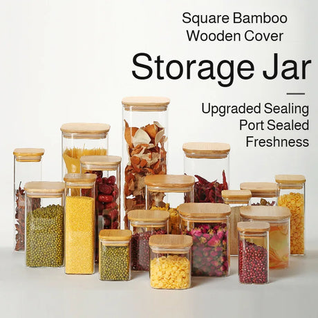 Recipiente de armazenamento de vidro quadrado, jarra transparente hermética com tampa para cozinha, despensa, armazenamento de alimentos secos, açúcar, café, chá, lanches