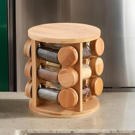 Rack de tempero de madeira, suporte para jarra de condimentos para cozinha, recipiente giratório de sal, prateleira de armazenamento para potes de pimenta, caixa de condimentos