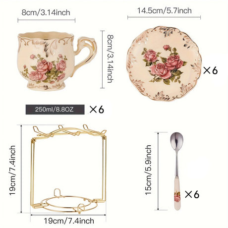 Conjunto de xícaras e pires de chá e arbustos floridos, conjunto de chá, conjunto de xícaras de chá florais de cerâmica marfim com rack dourado, conjunto de xícaras de café