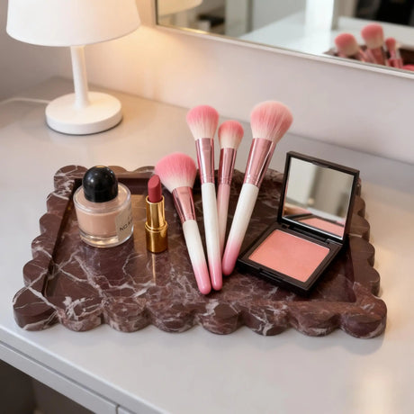 Bandeja de mármore roxo com borda recortada, prato organizador de joias de pedra natural, armazenamento de vaidade e bandeja de berloques de bancada de banheiro