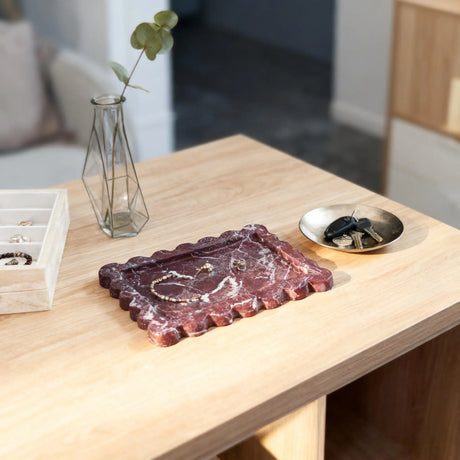 Bandeja de mármore roxo com borda recortada, prato organizador de joias de pedra natural, armazenamento de vaidade e bandeja de berloques de bancada de banheiro