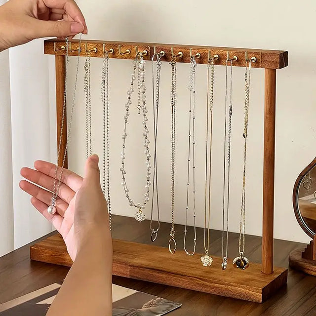 Organizador de jóias expositor colar de madeira maciça pendurado bancada rack para correntes brincos pulseiras vitrine rack de armazenamento