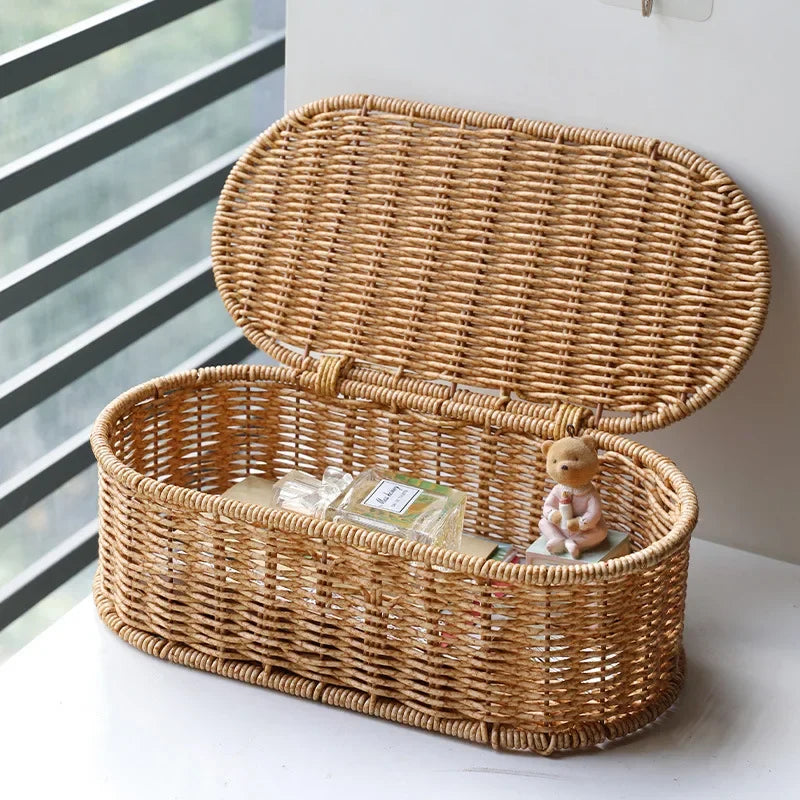 Cesta de armazenamento de imitação de rattan boêmio-caixa de armazenamento tecida, estrutura de talheres à prova de poeira, cesta de decoração para casa organizador de cozinha