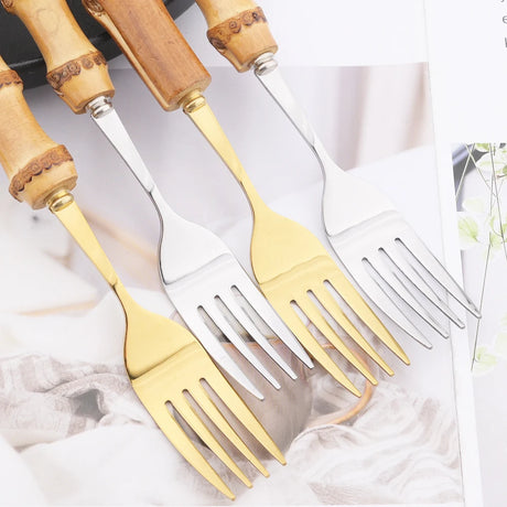 Aço inoxidável Gold Dinner Forks, Sobremesa Talheres Set, Imitação de bambu Handle, Louça, Louça de cozinha, talheres, 6pcs