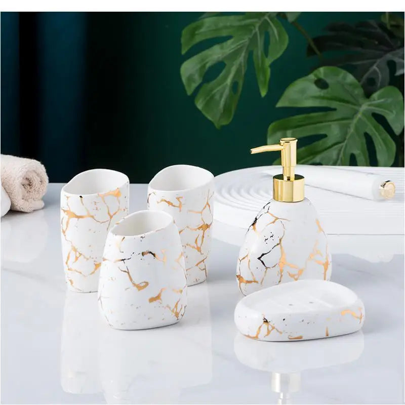 Conjunto de acessórios para banheiro, mármore, padrão dourado, cerâmica, dispensador de pasta de dente, sabonete, suporte de escova de dentes, copo, garrafa de loção