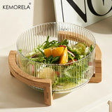KEMORELA Tigela de vidro listrada com suporte de madeira resistente a arranhões redonda salada frutas sobremesa exibição para sala de estar