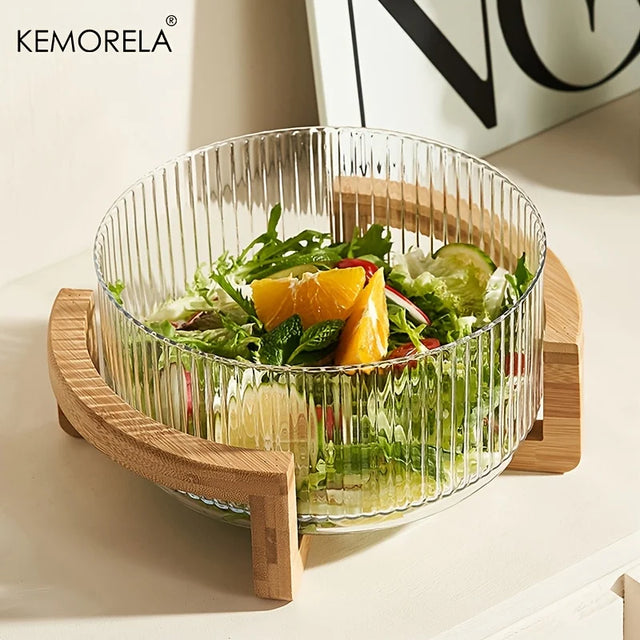 KEMORELA Tigela de vidro listrada com suporte de madeira resistente a arranhões redonda salada frutas sobremesa exibição para sala de estar