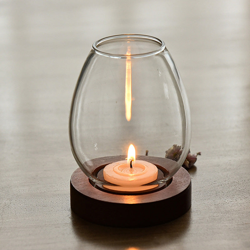 Nordic Glass Tealight Candle Holder with Wooden Base