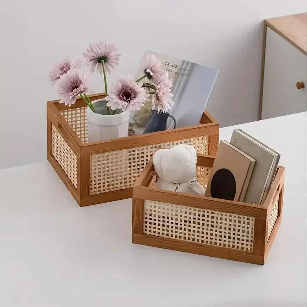 Caixa de armazenamento retrô durável, cesta de armazenamento de madeira sólida de rattan, organizador multifuncional, caixas domésticas