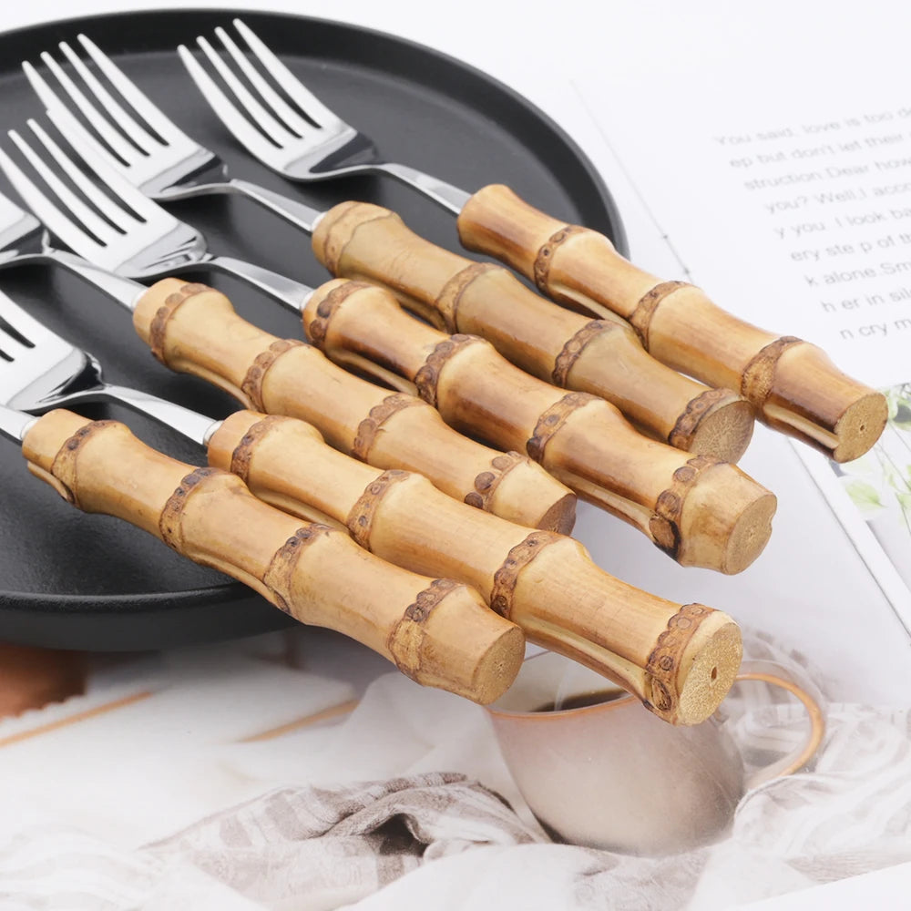 Aço inoxidável Gold Dinner Forks, Sobremesa Talheres Set, Imitação de bambu Handle, Louça, Louça de cozinha, talheres, 6pcs