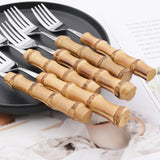 Aço inoxidável Gold Dinner Forks, Sobremesa Talheres Set, Imitação de bambu Handle, Louça, Louça de cozinha, talheres, 6pcs