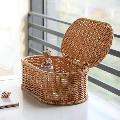 Cesta de armazenamento de imitação de rattan boêmio-caixa de armazenamento tecida, estrutura de talheres à prova de poeira, cesta de decoração para casa organizador de cozinha