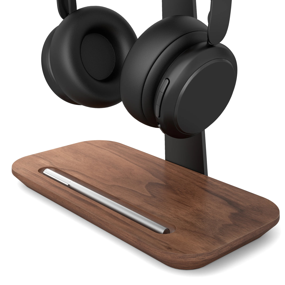 Suporte universal de madeira para fone de ouvido, liga de alumínio, display de fone de ouvido com slot para caneta